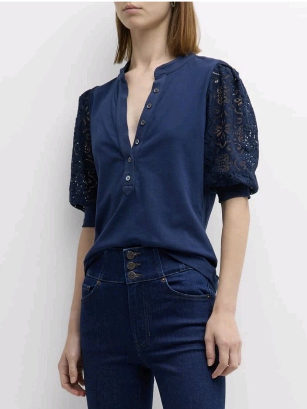 Veronica Beard Coralee Knit Puff Sleeve Eyelet Button Front Top Navy Size Small